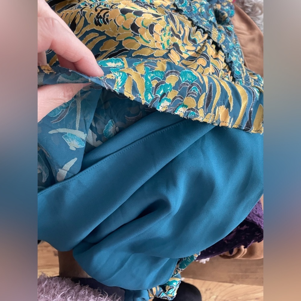 White House Black Market burnout smocked dress Teal and Gold Long Sleeve Dress - Picture 7 of 15